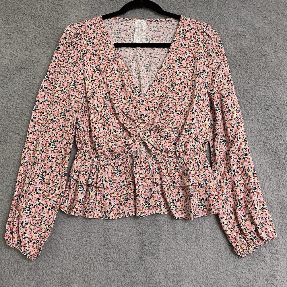 Sadie & Sage Shirt Womens Sz Medium Pink Blue Floral Peplum Top Ruffle V Neck